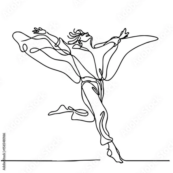 Fototapeta Carefree Mirth — ecstatic man in elegant theatrical pose, expressing boundless joy through minimalist single black line drawing. One line art.
