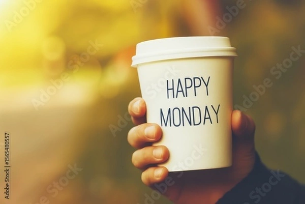 Obraz Person is holding a cup that says Happy Monday