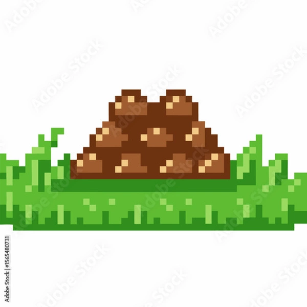 Fototapeta Pixel art molehill on green grass simple dirt pile with soil and lawn retro game nature background element