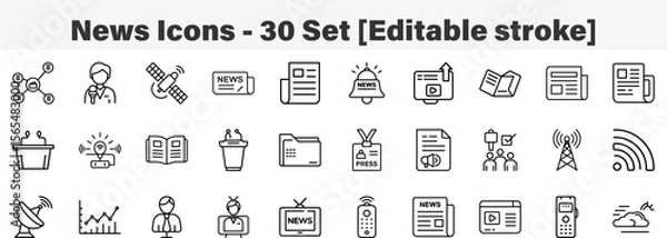 Fototapeta News Icons 30 Set. Line Art Icon Collection. Editable Stroke. Vector Illustration
