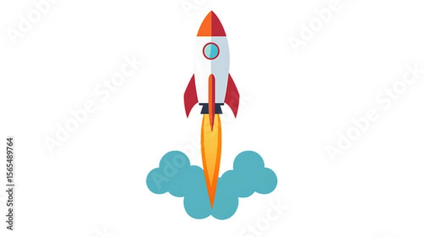 Fototapeta Cartoon rocket launch blasts off against a black backdrop, symbolizing startup success, technology, and innovative venture, transparent background