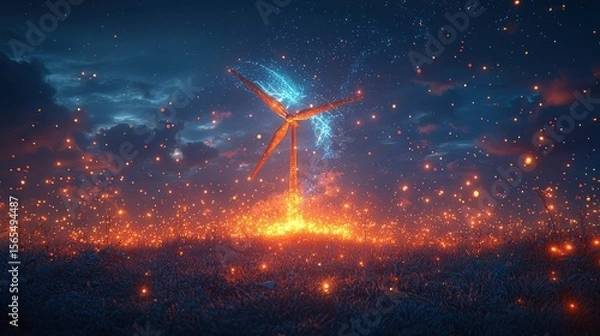 Fototapeta Wind turbine atop a field of glowing lights, dramatic night sky