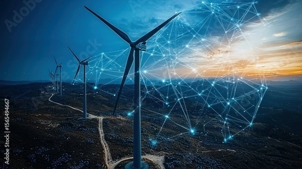 Fototapeta Wind turbines at sunset, interconnected by digital network