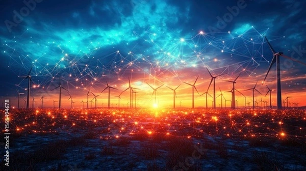 Fototapeta Wind farm at sunset, connected by glowing network