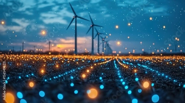 Fototapeta Wind turbines stand sentinel over a field illuminated by glowing lights, a blend of blue and orange,  beneath a twilight sky