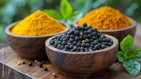 Fototapeta Wooden bowls of spices turmeric, peppercorns, and another spice