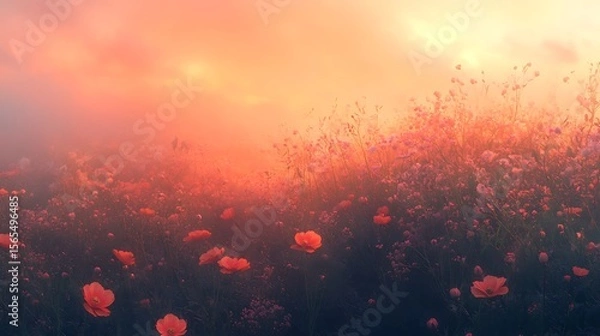 Fototapeta Twilight casting warm hues over blooming flower fields high resolution picture