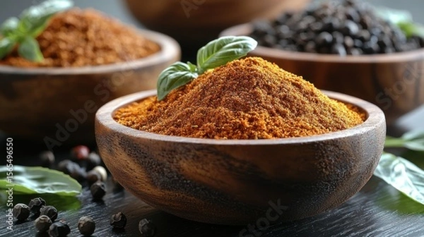 Fototapeta Wooden bowls of spices, including a pile of reddish-orange powder, black peppercorns, and a hint of basil