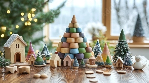 Fototapeta Wooden Christmas village scene with a colorful layered Christmas tree