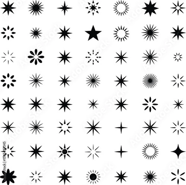 Fototapeta A collection of diverse star shapes and ornaments in black and white on a plain white background