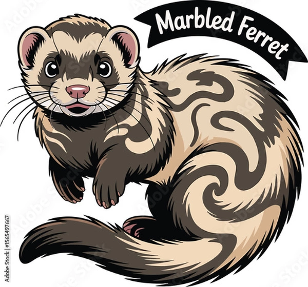 Fototapeta Cartoon illustration of a marbled ferret featuring detailed fur patterns and friendly expression