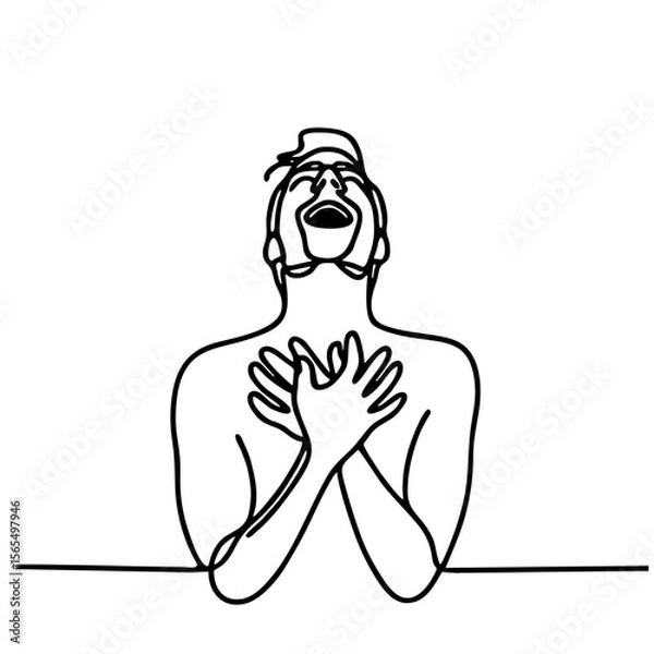 Fototapeta Audacity — handsome man in elegant theatrical pose expressing admiration and joyful surprise: minimalist single-line black drawing One line art.