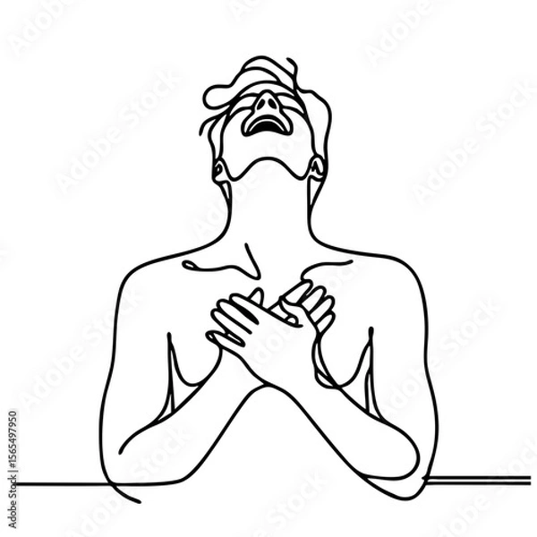 Fototapeta Audacity — handsome man in elegant theatrical pose expressing admiration and joyful surprise: minimalist single-line black drawing One line art.