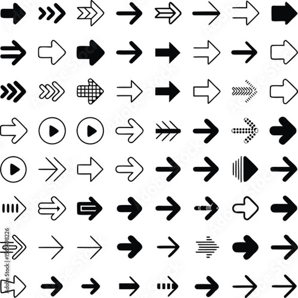 Fototapeta Collection of various black and white arrow icons representing different design concepts