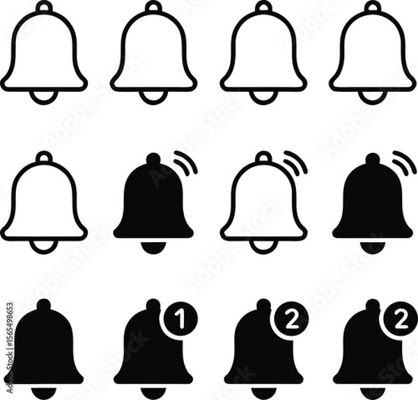 Fototapeta Various bell icon illustrations showing notification alerts in black and white style