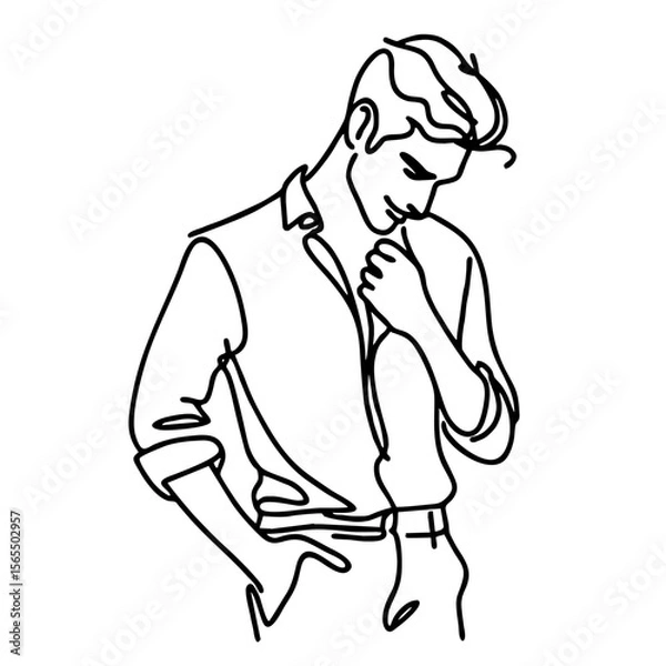 Fototapeta Playful Flirtation — handsome man in elegant theatrical pose: minimalist single black line drawing. One line art.