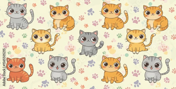 Fototapeta Cute Kawaii Cats Seamless Pattern with Colorful Paw Prints on Cream Background