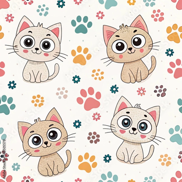 Fototapeta Sweet Kawaii Kittens with Flowers and Colorful Paw Prints Seamless Pattern
