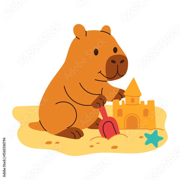 Obraz A cartoon of a capybara playing in the sand. The bear is holding a shovel and is building a sand castle