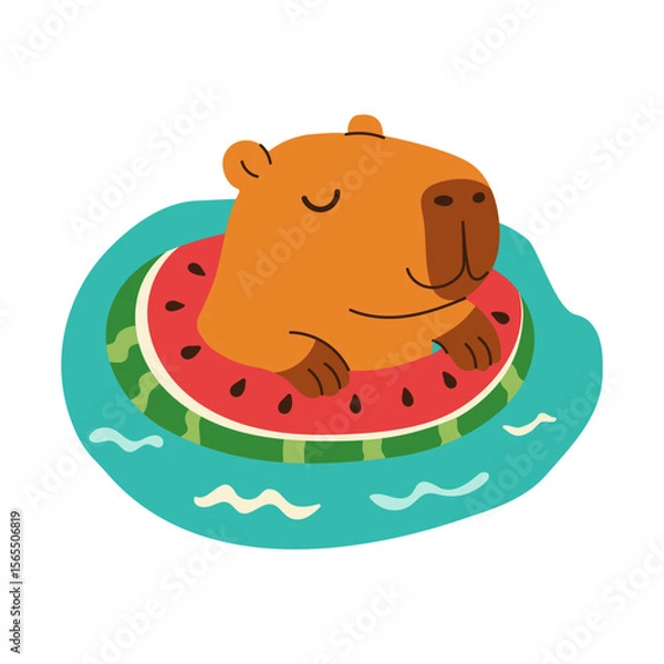 Obraz A capybara is floating on a water raft with a slice of watermelon