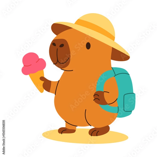 Obraz A capybara is holding an ice cream cone and a backpack