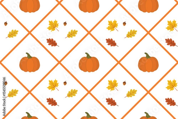 Fototapeta Seamless vector pattern featuring pumpkins, autumn leaves, and diagonal plaid background. Cozy fall design perfect for seasonal fabrics, wrapping paper, digital scrapbooking, and decor.