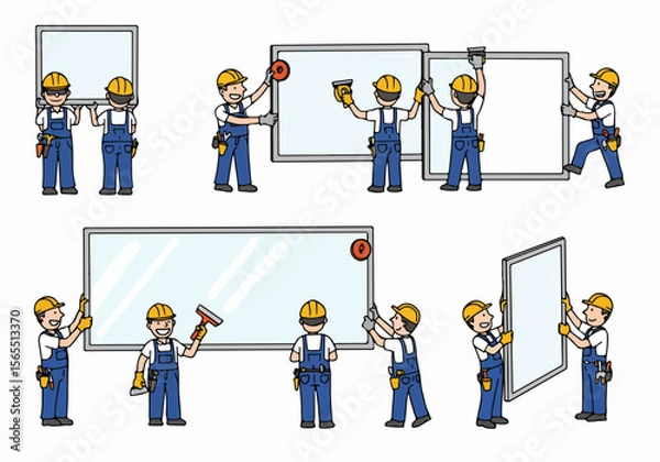 Fototapeta Cartoon illustrations of workers installing and cleaning windows and glass panels, depicting various stages of the job.