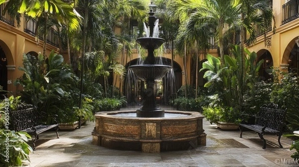 Fototapeta A luxurious hotel courtyard with a grand three-tier marble fountain, surrounded by palm trees and wrought iron benches. Water flows continuously, echoing serenity.