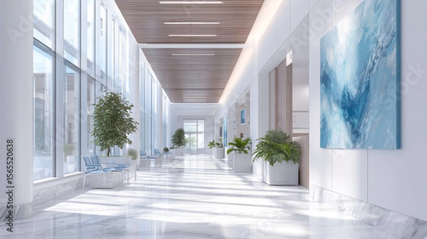 Obraz Bright modern medical center hallway with sunlight and calming decor elements