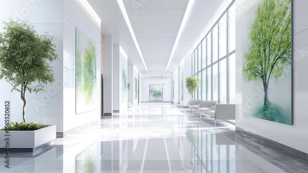 Obraz Bright modern medical center hallway with sunlight and calming decor elements