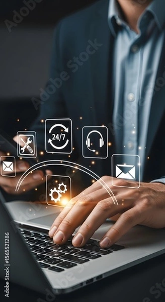 Fototapeta Manager shows customer service access on a laptop for communication and technical assistance in virtual support, using technology for business.