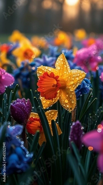 Fototapeta A close-up of vibrant spring wildflowers in a meadow--bright yellow daffodils, purple crocuses
