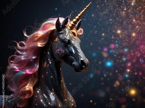 Fototapeta Fancy unicorn with long colorful horn and abundant colorful mane. Image generated with AI.