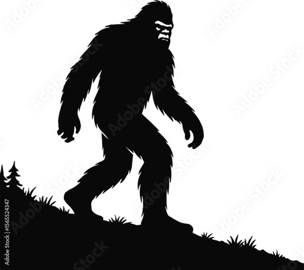 Fototapeta Bigfoot Yeti walking through a misty pine forest at dusk in black and white silhouette vector design
