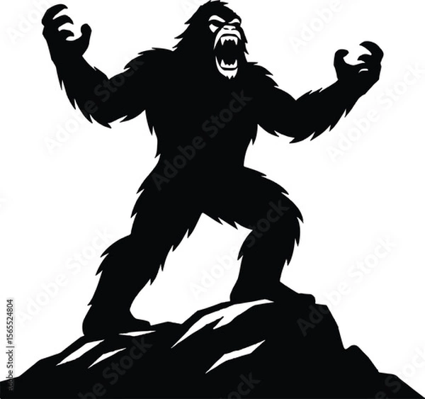 Fototapeta Black and white vector of Bigfoot Yeti howling on a hilltop with distant mountain peaks