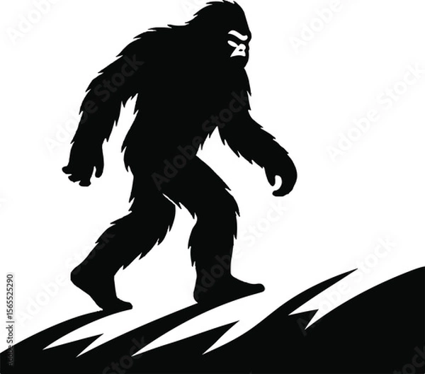 Fototapeta Bigfoot Yeti silhouette crossing a snowy mountain ridge under moonlight, minimalistic vector design