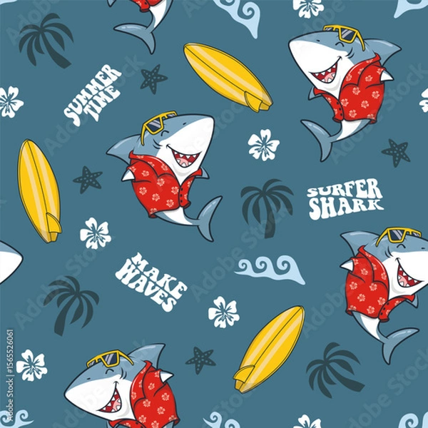 Obraz Seamless Pattern Summer Vibes With Shark And Surfboard, Vector Cartoon Illustration