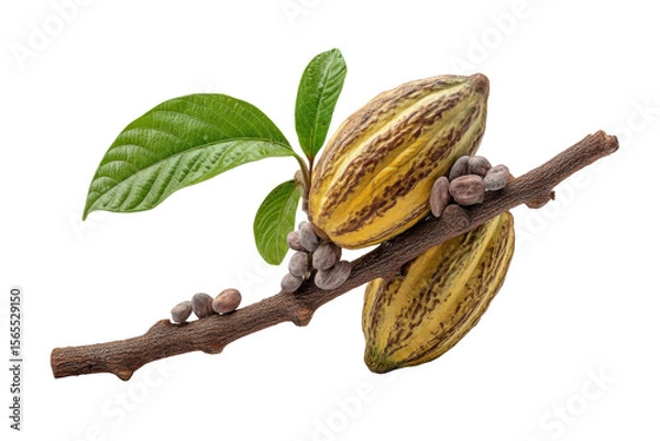 Obraz PNG Cocoa pods and beans on branch with green leaves on black background