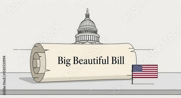 Fototapeta Flat illustration of scroll-style “Big Beautiful Bill” on modern surface with Capitol dome and U.S. flag — U.S. Government Theme