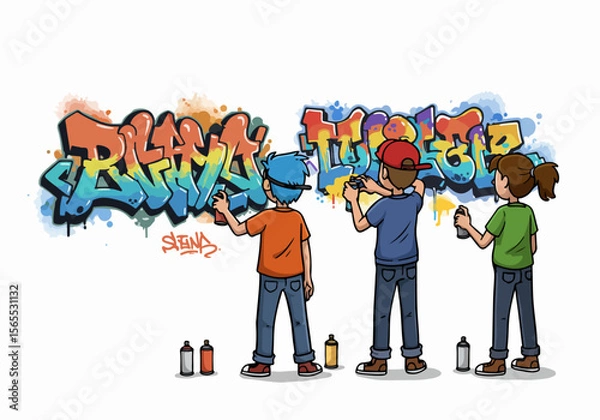 Fototapeta Three young people collaborating to paint vibrant graffiti on a wall, creating a colorful piece of urban art with spray cans.