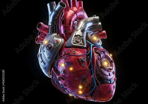 Fototapeta Robotic Human Heart Anatomy - A detailed 3D of a robotic human heart, showcasing intricate mechanical components and glowing internal elements against a black background