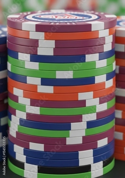 Fototapeta Stack of Colorful Casino Chips - A close-up shot of a neatly stacked pile of colorful casino chips, showcasing vibrant hues and intricate designs