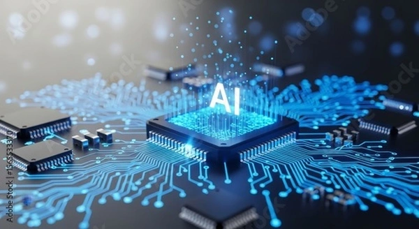 Fototapeta AI Technology Microchip Innovation - Close-up view of an AI microchip on a circuit board, showcasing advanced technology and innovation