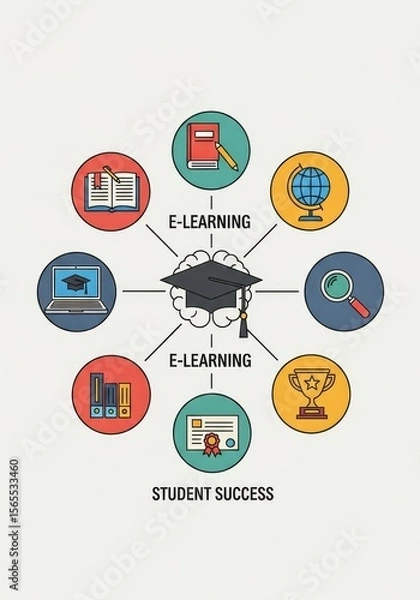 Fototapeta E-Learning Success: A Visual Guide - Five key concepts: online learning, knowledge, research, achievement, and certification contribute to student success in e-learning