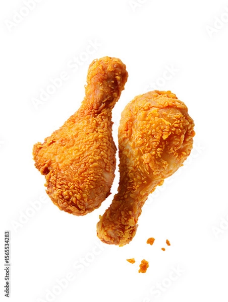 Obraz Two golden brown crispy fried chicken drumsticks on food