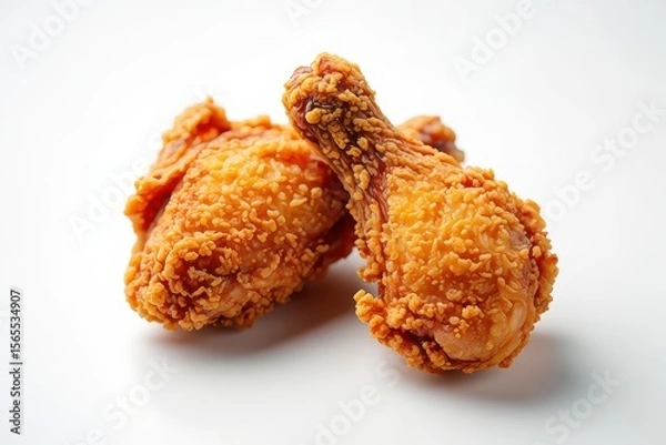 Obraz Two golden brown crispy fried chicken pieces on white image