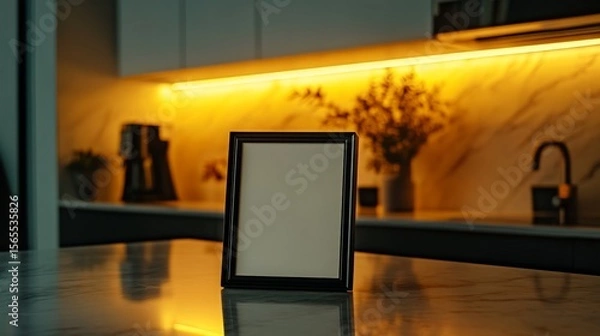 Fototapeta A sleek black metal picture frame with a matte finish, standing on a marble kitchen countertop, illuminated by warm under-cabinet LED lights. The shot is taken from a slightly high angle.
