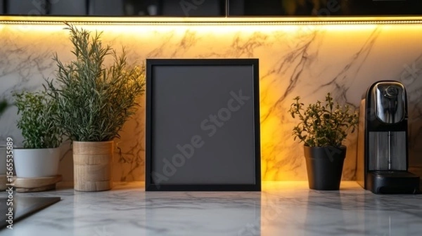 Fototapeta A sleek black metal picture frame with a matte finish, standing on a marble kitchen countertop, illuminated by warm under-cabinet LED lights. The shot is taken from a slightly high angle.