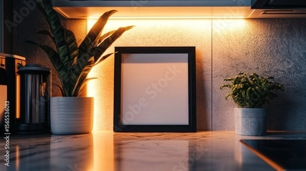 Fototapeta A sleek black metal picture frame with a matte finish, standing on a marble kitchen countertop, illuminated by warm under-cabinet LED lights. The shot is taken from a slightly high angle.