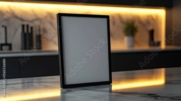 Fototapeta A sleek black metal picture frame with a matte finish, standing on a marble kitchen countertop, illuminated by warm under-cabinet LED lights. The shot is taken from a slightly high angle.